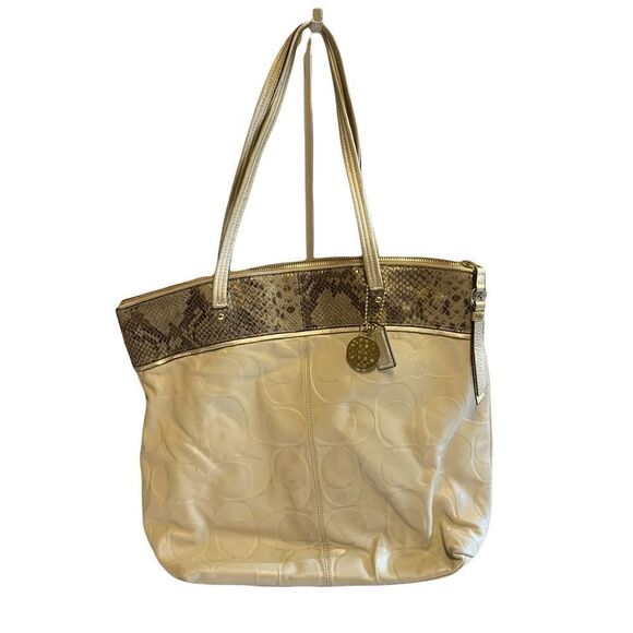 Tan Coach bag with embedded “c’s” and snakeskin on top - Picture 1 of 13